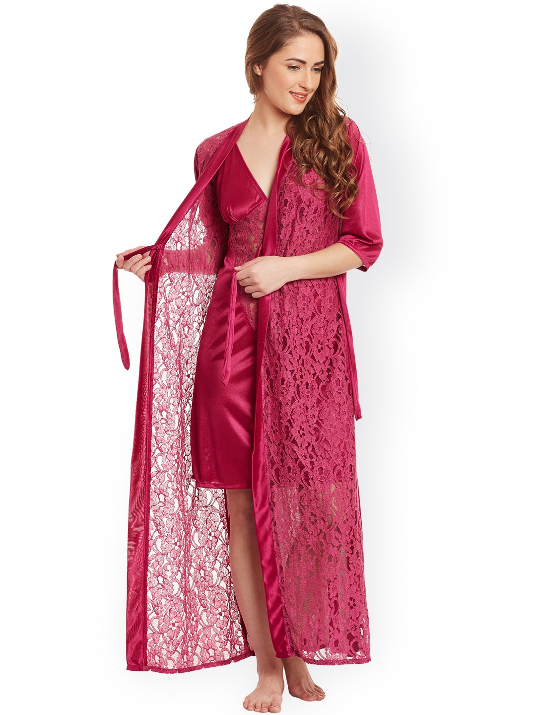 

Claura Burgundy Lace Satin Nightdress with Lace Robe ST-17
