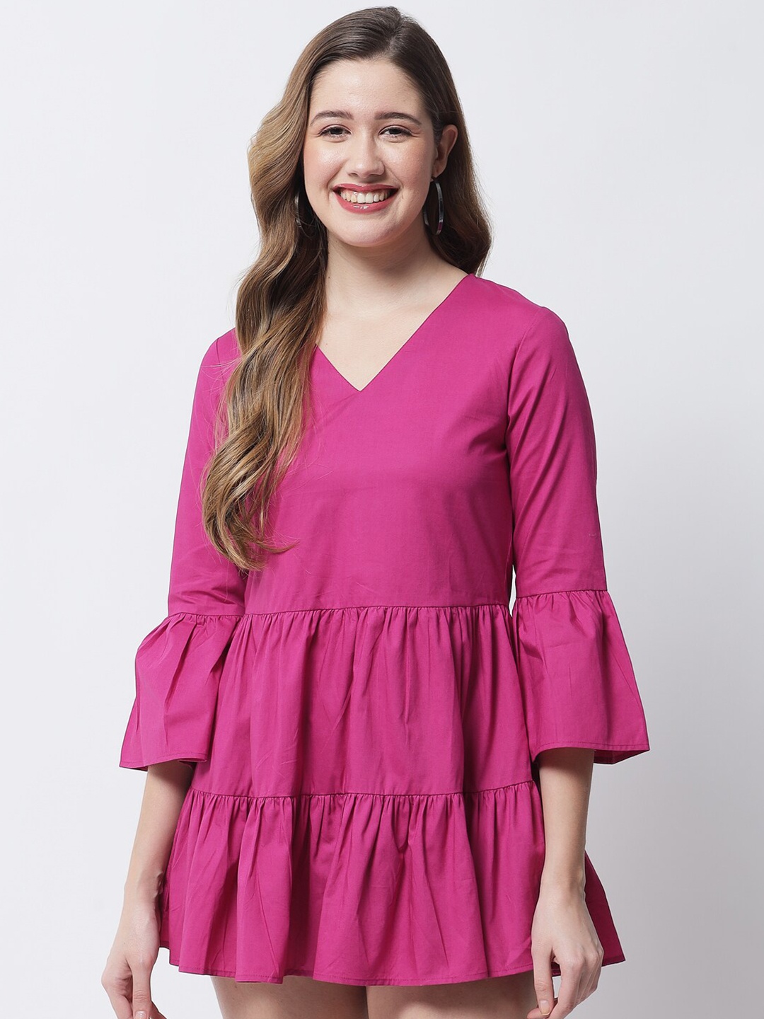 

VANCA ECO Pink A-Line Solid Tiered Cotton Mini Dress