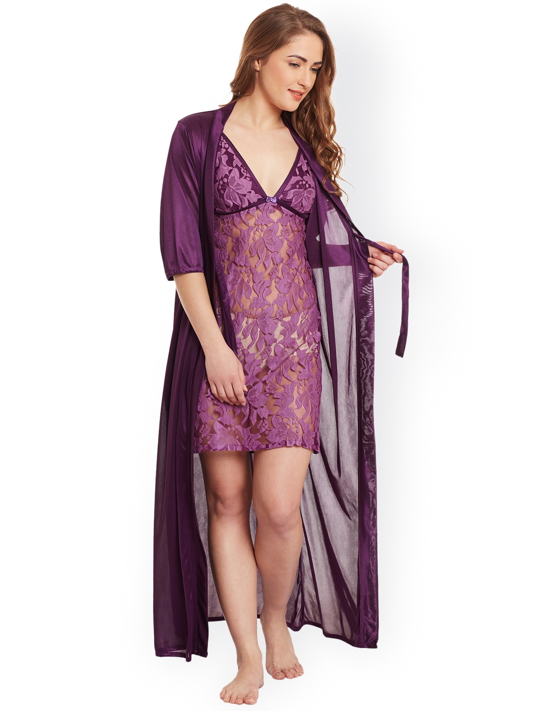 

Claura Purple Lace Satin Nightdress with Robe ST-20