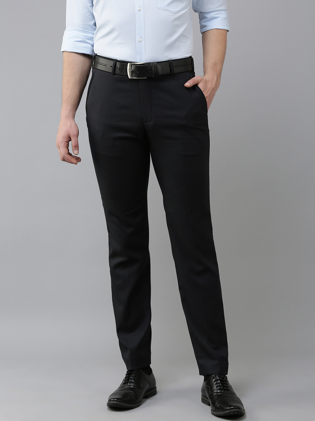 

Park Avenue Men Navy Blue Textured Self Design Slim Fit Mid-Rise Plain Formal Trousers