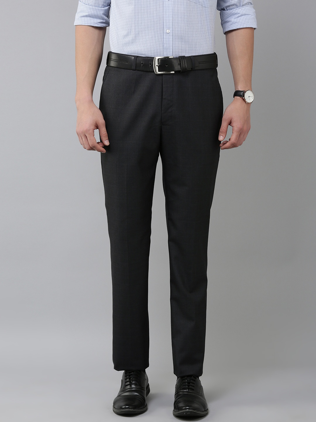 

Park Avenue Men Navy Blue Micro Checks Smart Regular Fit Mid-Rise Plain Formal Trousers
