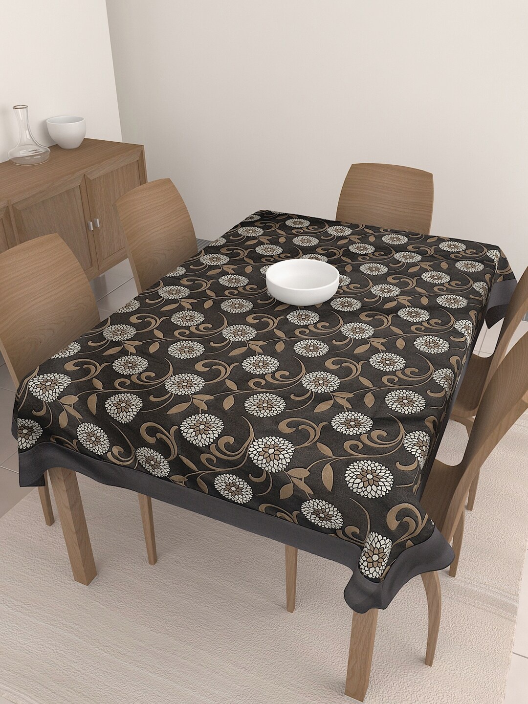 

S9home by Seasons Black & Brown Floral Printed 6-Seater Polyester Table Cover