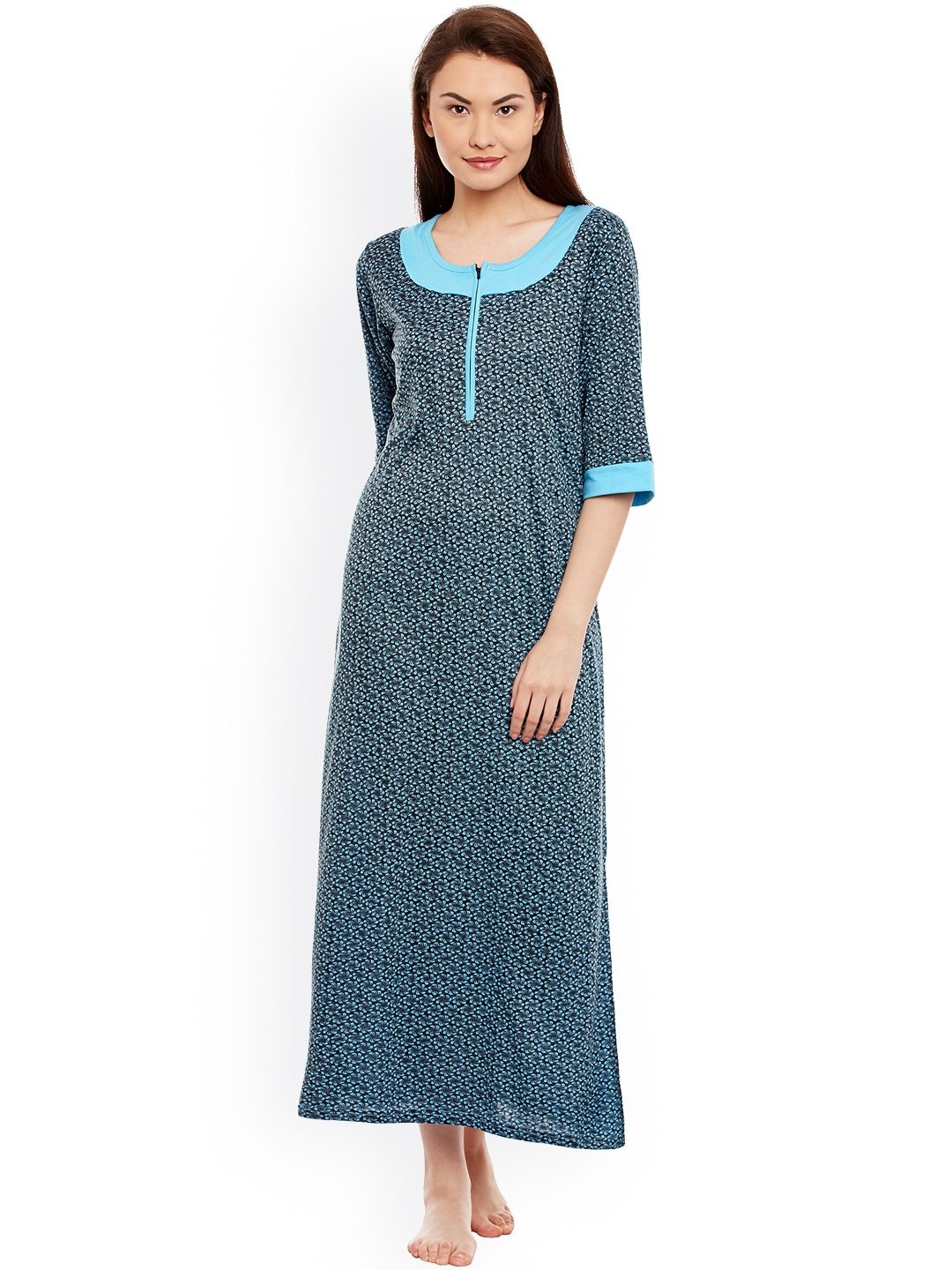 

Claura Blue Floral Print Maxi Nightdress Cot-41