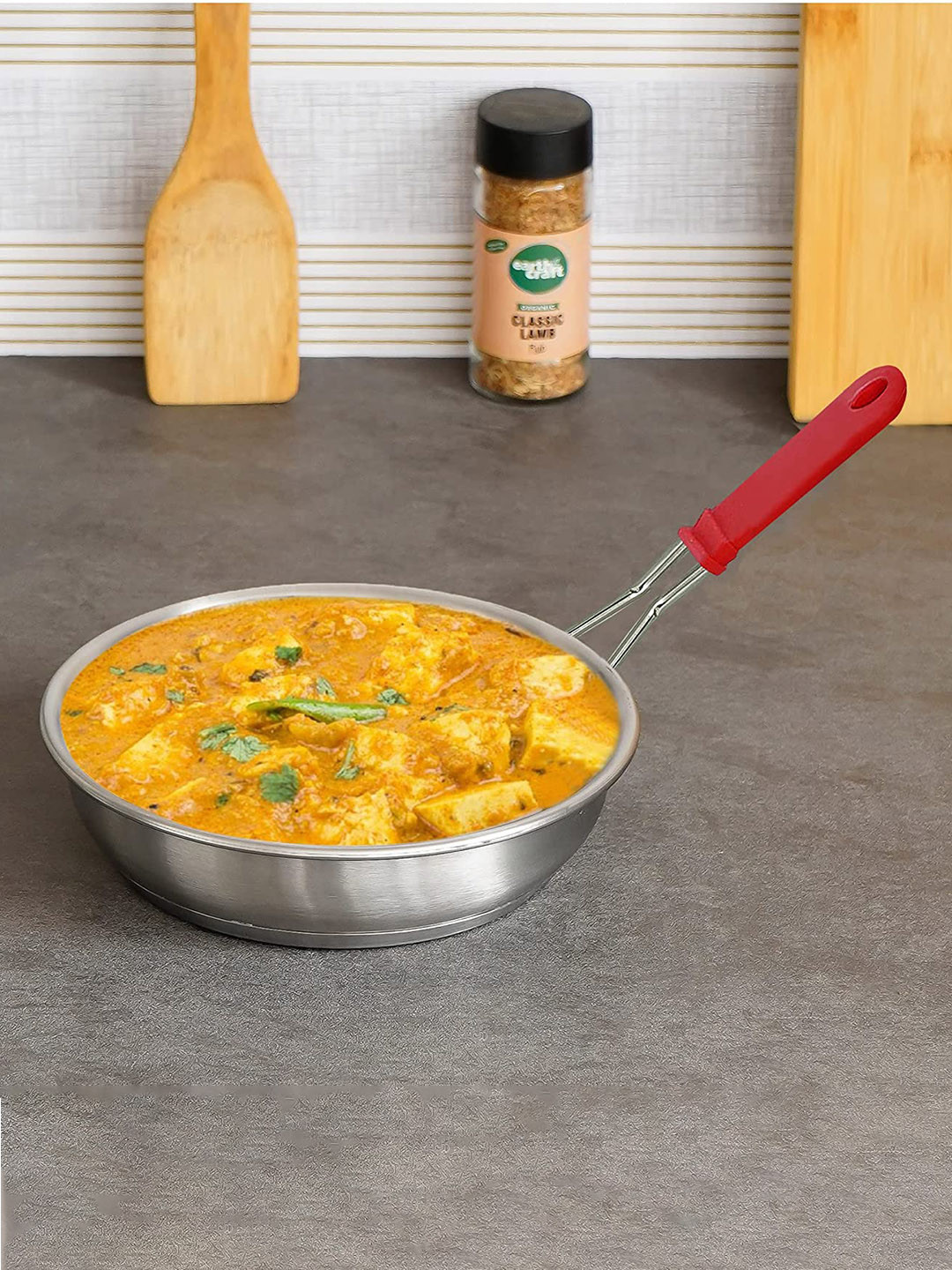 

Femora Stainless Steel Flat Fry Pan Tri-Ply Bottom with Silicone Handle