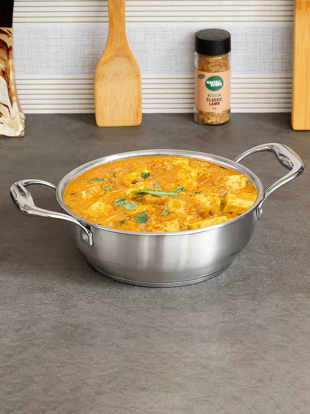 

Femora Stainless Steel Flat Kadhai with Handle & Bonded Tri-Ply Bottom, Silver