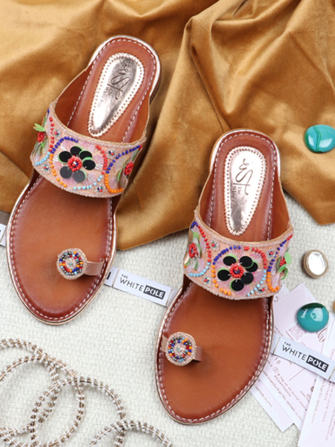 

THE WHITE POLE Women Brown Embellished Leather Ethnic Open Toe Flats