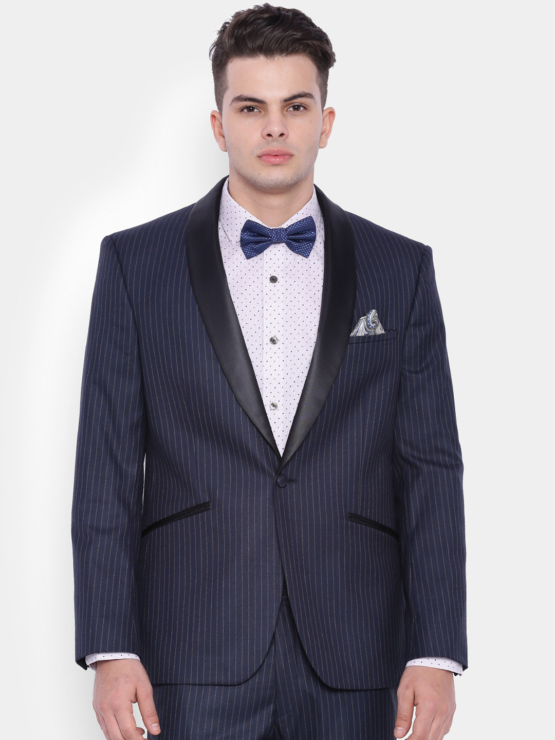 

SUITLTD Navy Striped Single-Breasted Regular Fit Tuxedo Blazer, Navy blue