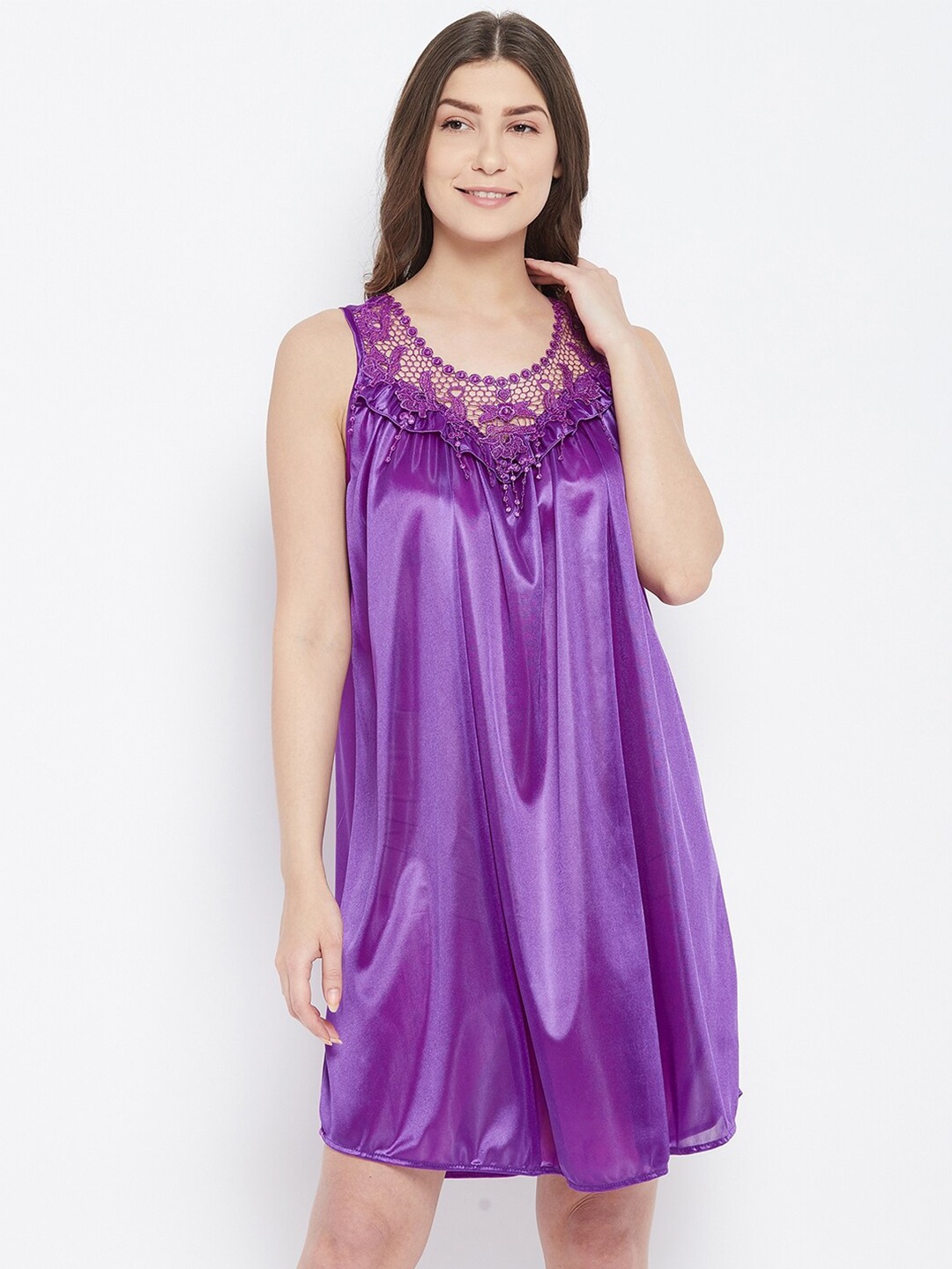 

Camey Purple Solid Lace Inserted Nightdress