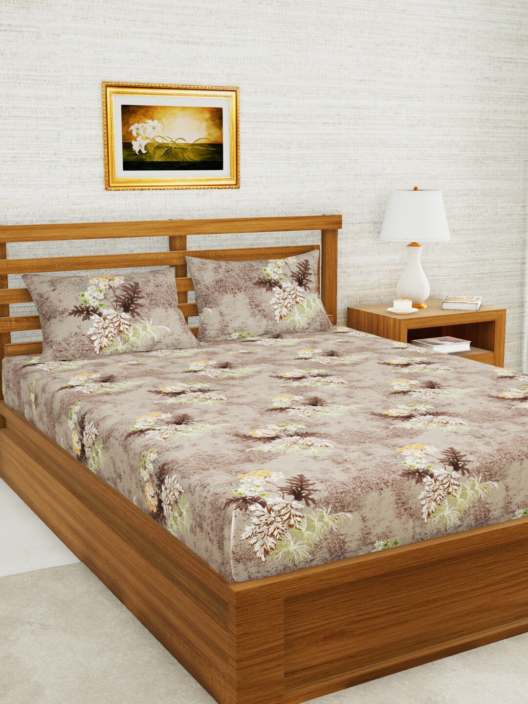 

BIANCA Khaki & Brown Floral 152 TC Queen Bedsheet with 2 Pillow Covers