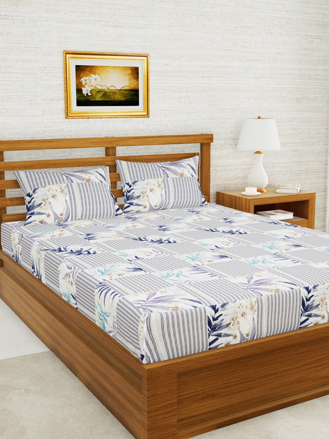 

BIANCA Blue & White Floral 152 TC Queen Bedsheet with 2 Pillow Covers