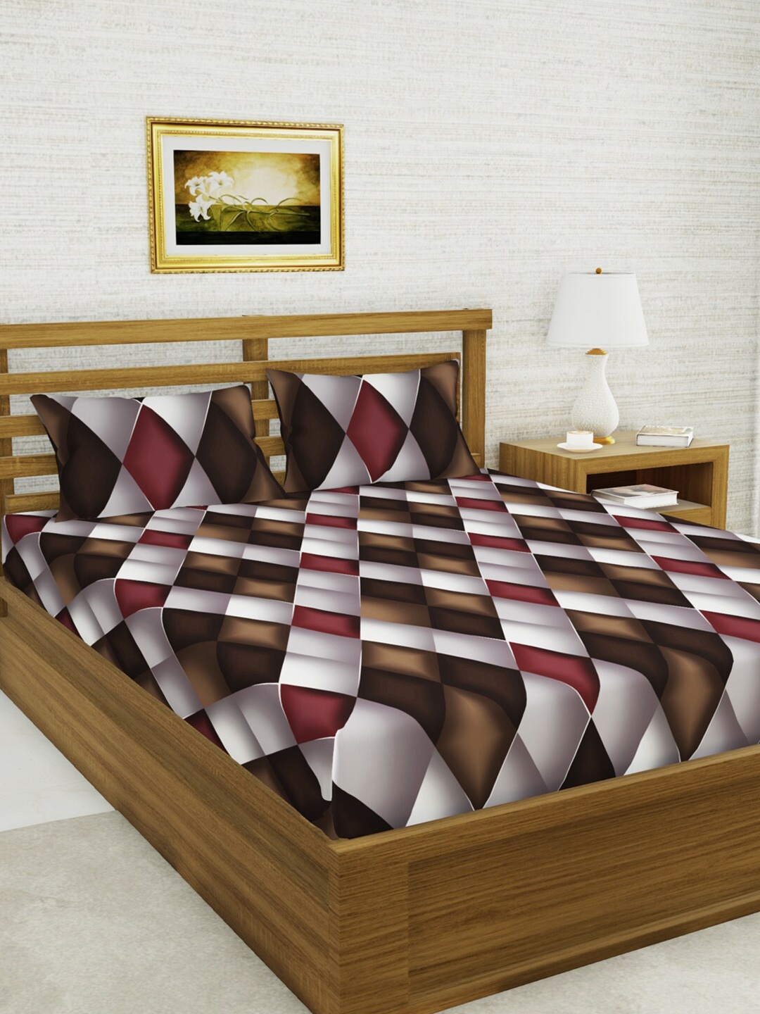 

BIANCA Brown & Grey Geometric 152 TC Queen Bedsheet with 2 Pillow Covers