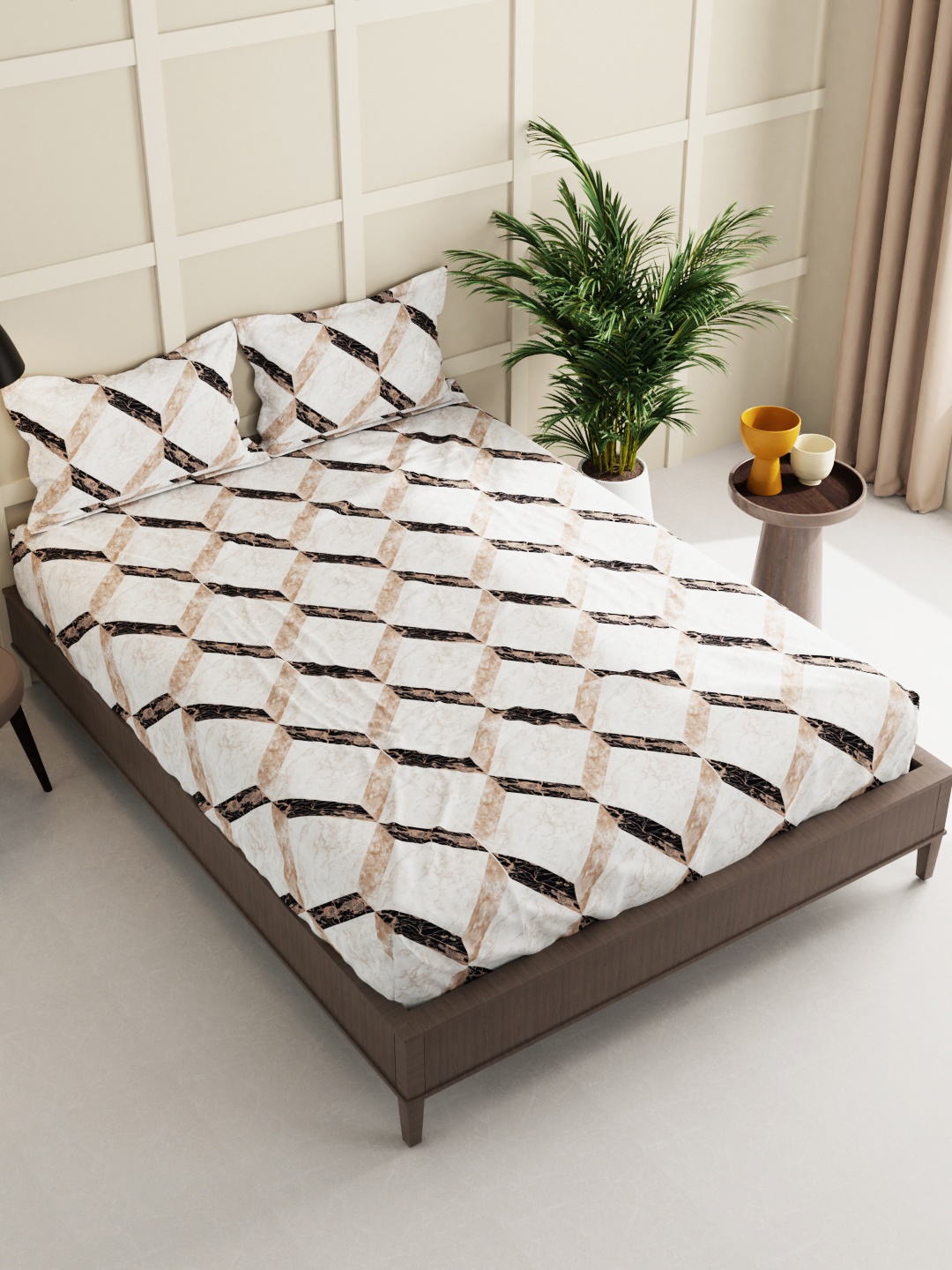 

BIANCA Envogue White & Brown Geometric 152 TC Queen Bedsheet with 2 Pillow Covers