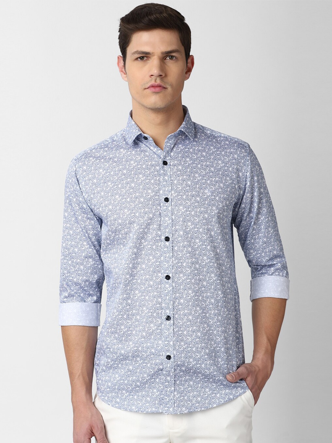 

V Dot Blue Slim Fit Floral Printed Casual Shirt