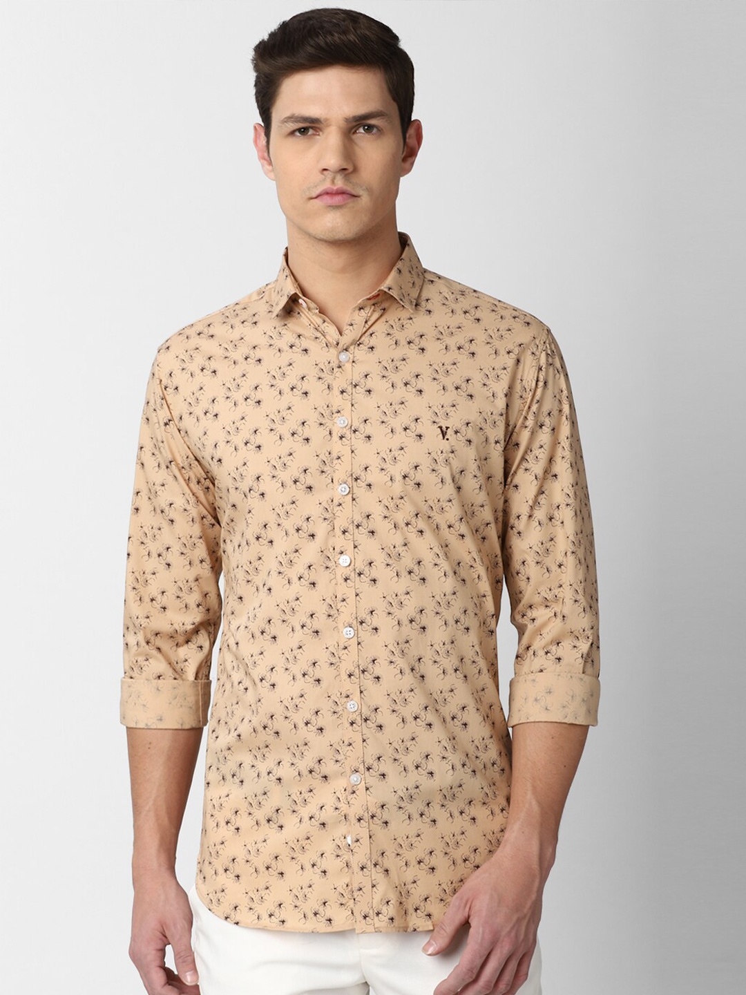 

V Dot Men Khaki Slim Fit Floral Printed Pure Cotton Casual Shirt
