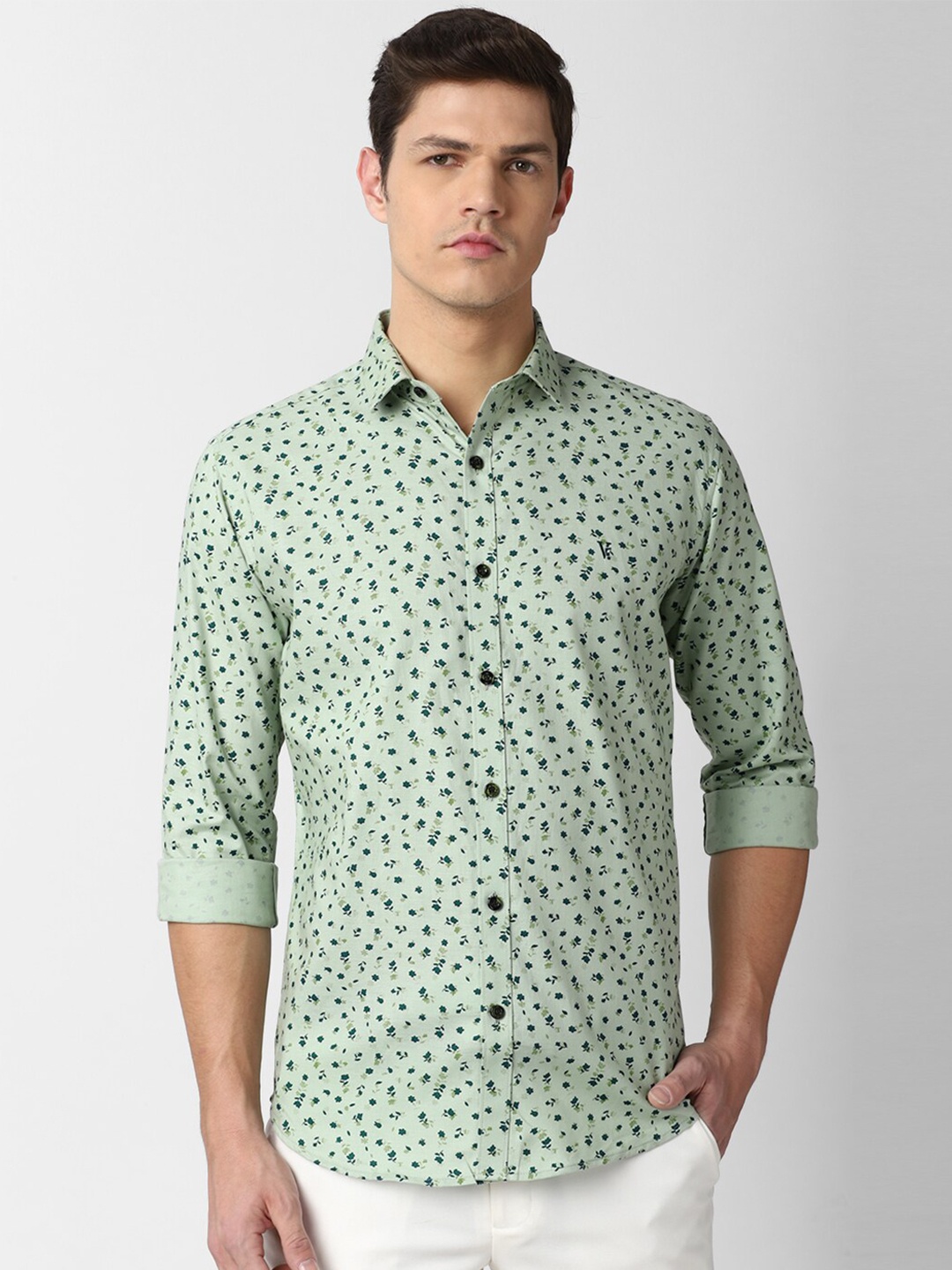 

V Dot Green Slim Fit Floral Printed Casual Shirt