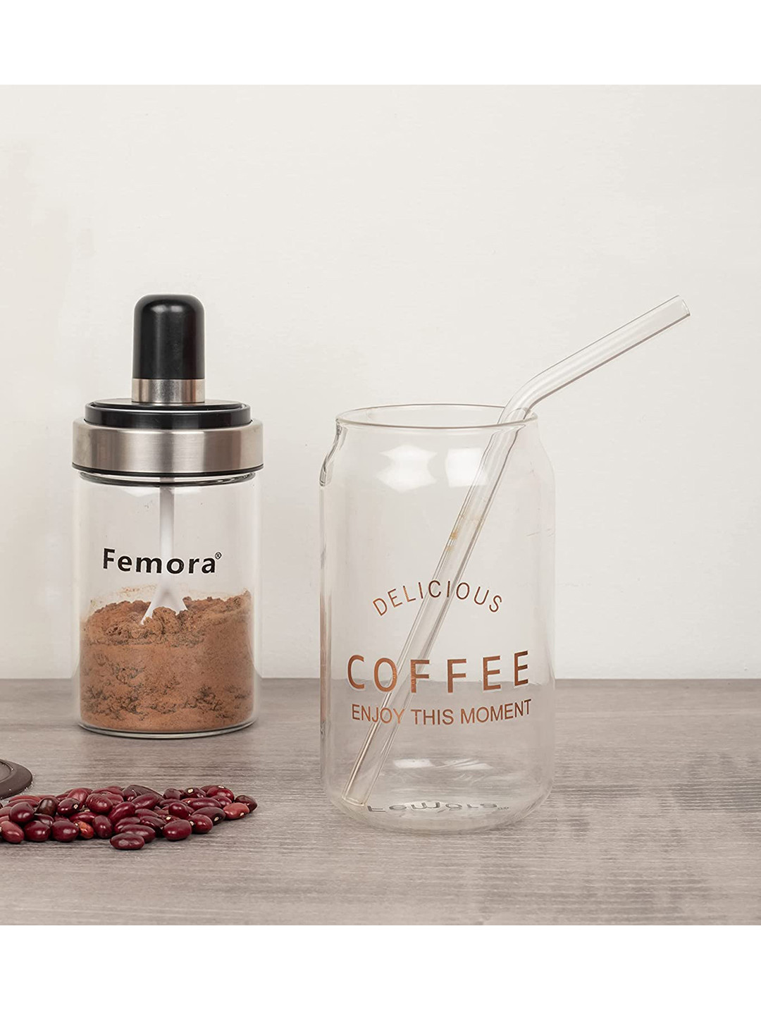 

Femora Set Of 4 Transparent Borosilicate Glass Coffee Can With Glass Straw 400ml