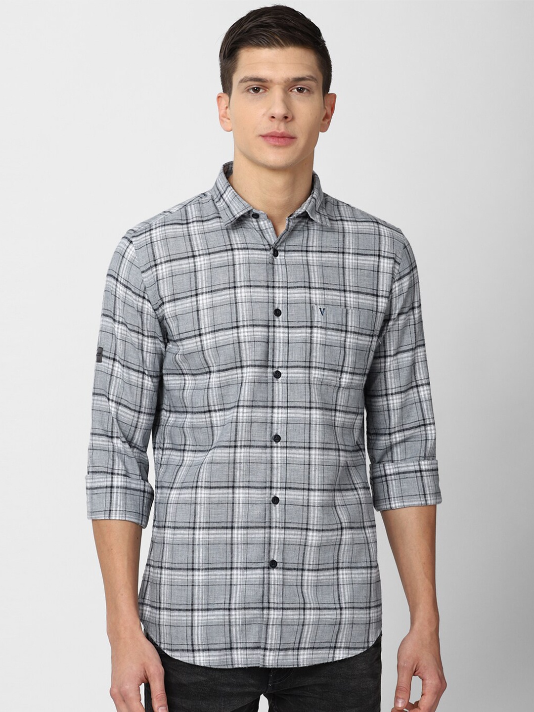 

VAN HEUSEN DENIM LABS Men Grey Slim Fit Checked Cotton Casual Shirt