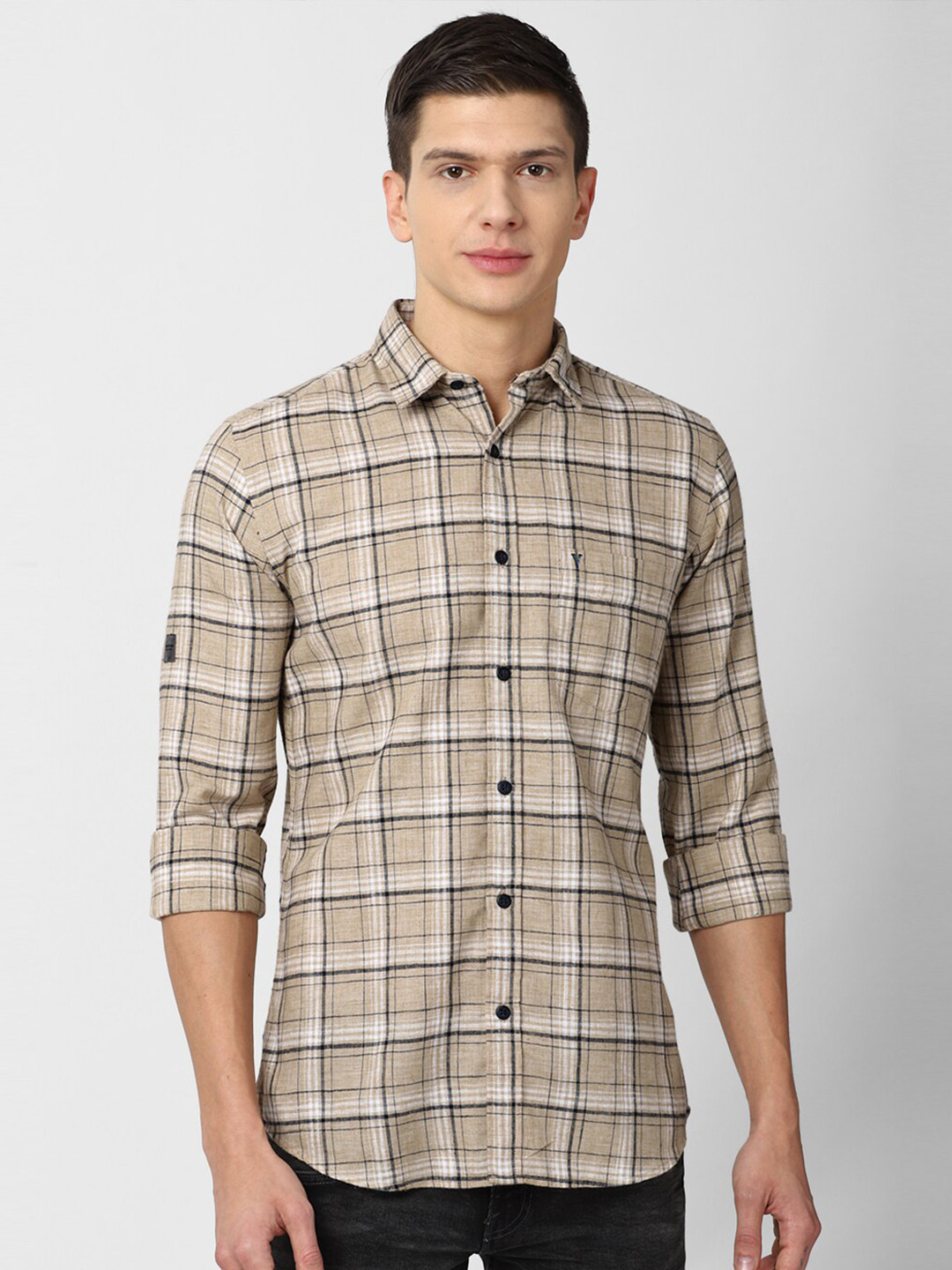 

VAN HEUSEN DENIM LABS Men Beige Checked Slim Fit Casual Shirt