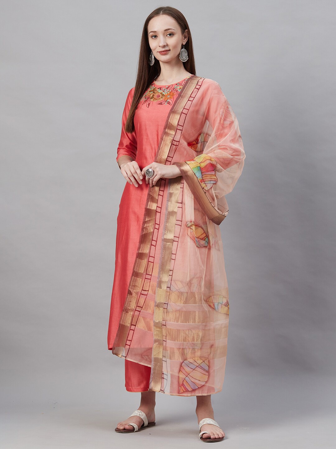 

Indo Era Beige & Blue Printed Organza Dupatta