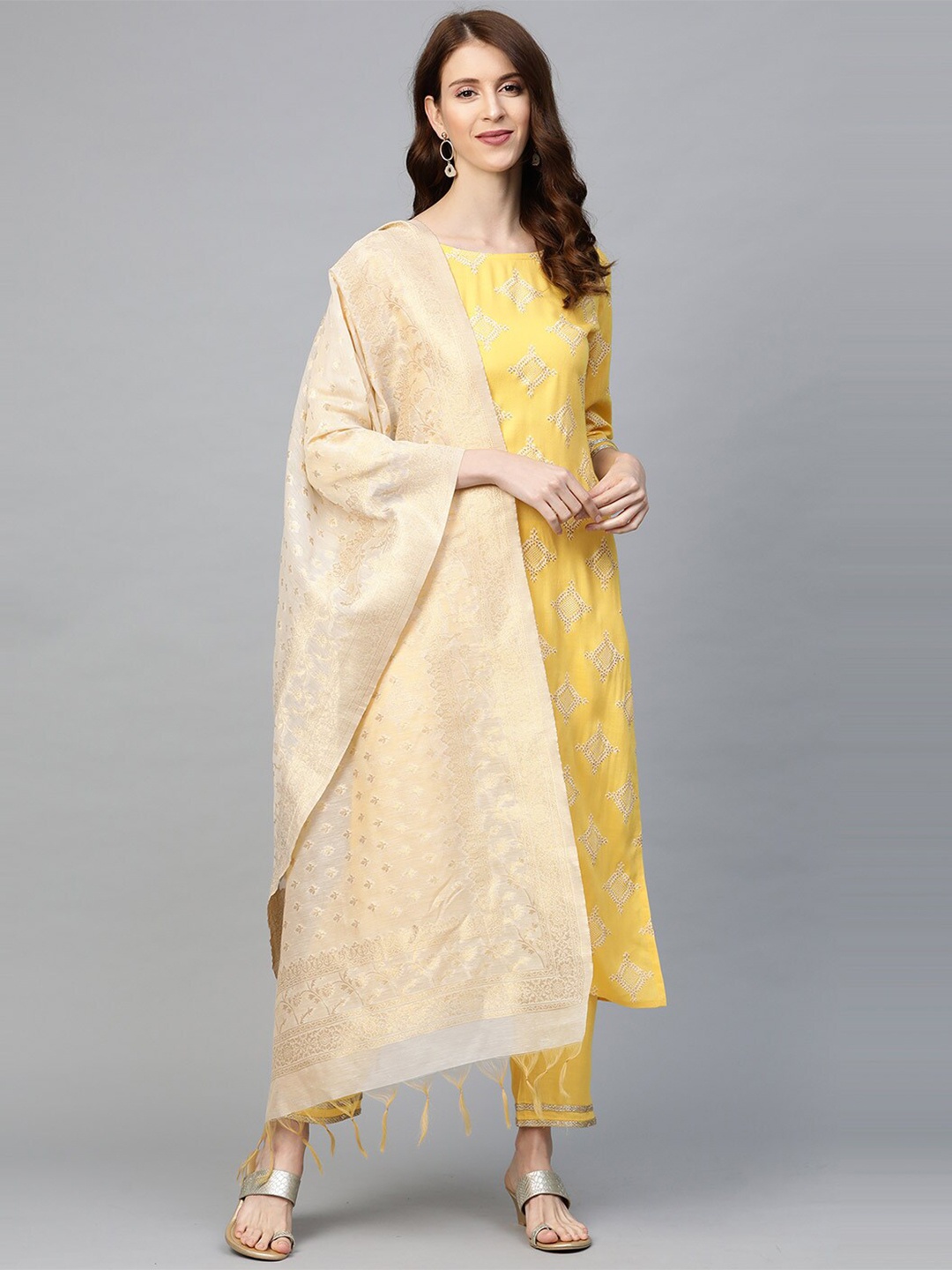 

Indo Era Off White & Gold-Toned Ethnic Motifs Woven Design Art Silk Dupatta