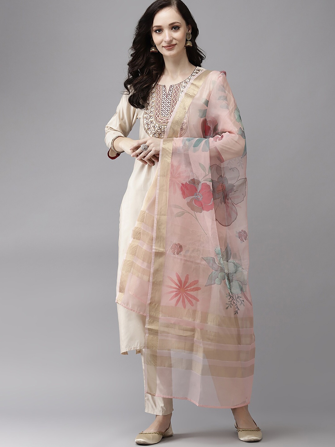 

Indo Era Women Pink & Gold-Toned Floral Printed Dupatta