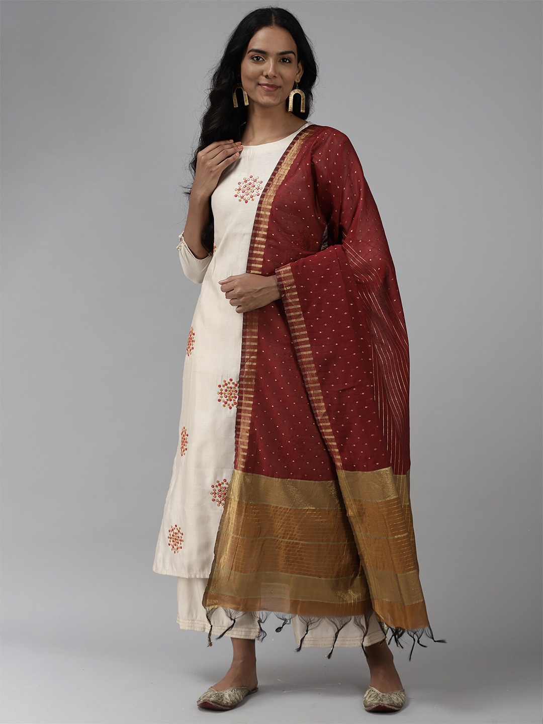 

Indo Era Maroon & Gold-Toned Woven Design Art Silk Dupatta