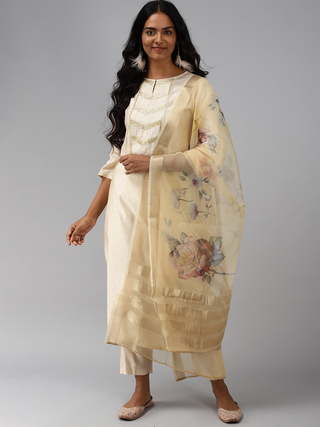 

Indo Era Yellow & Brown Printed Organza Dupatta with Zari