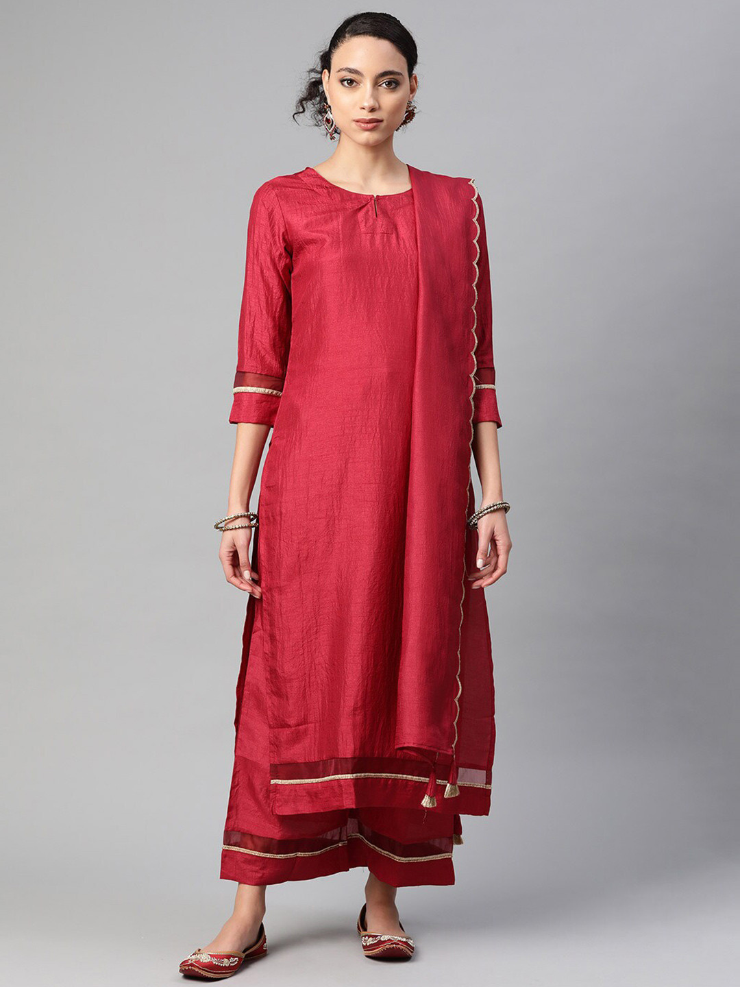 

Indo Era Maroon Embroidered Organza Dupatta with Zari