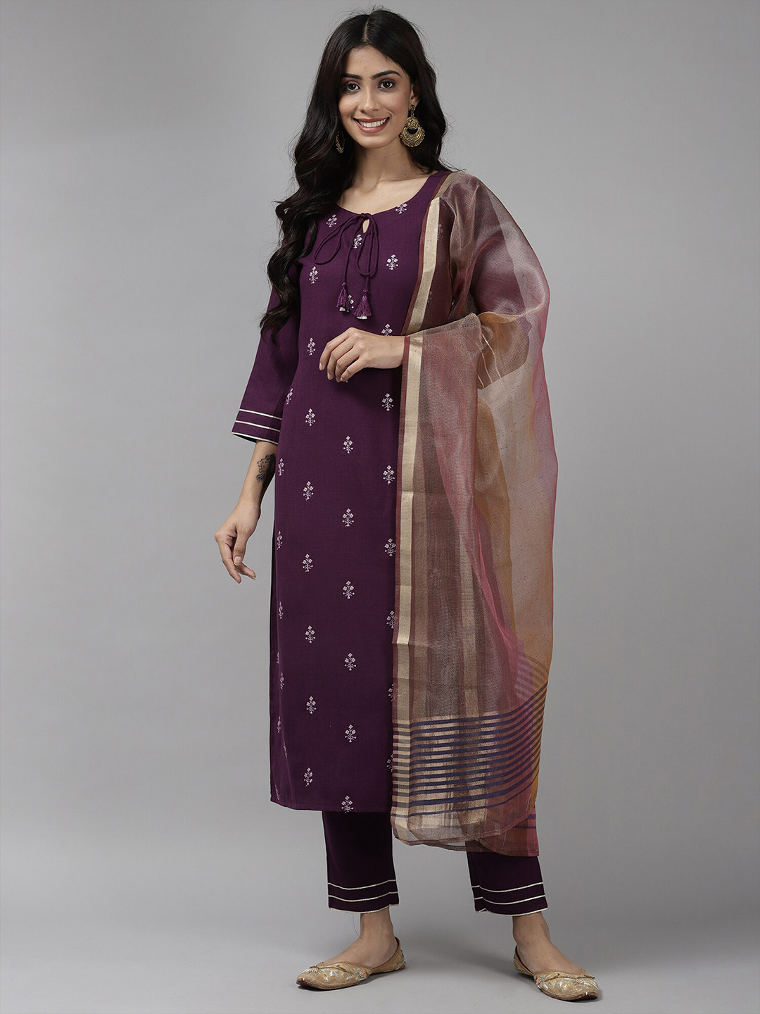 

Indo Era Purple & Gold-Toned Art Silk Dupatta with Zari