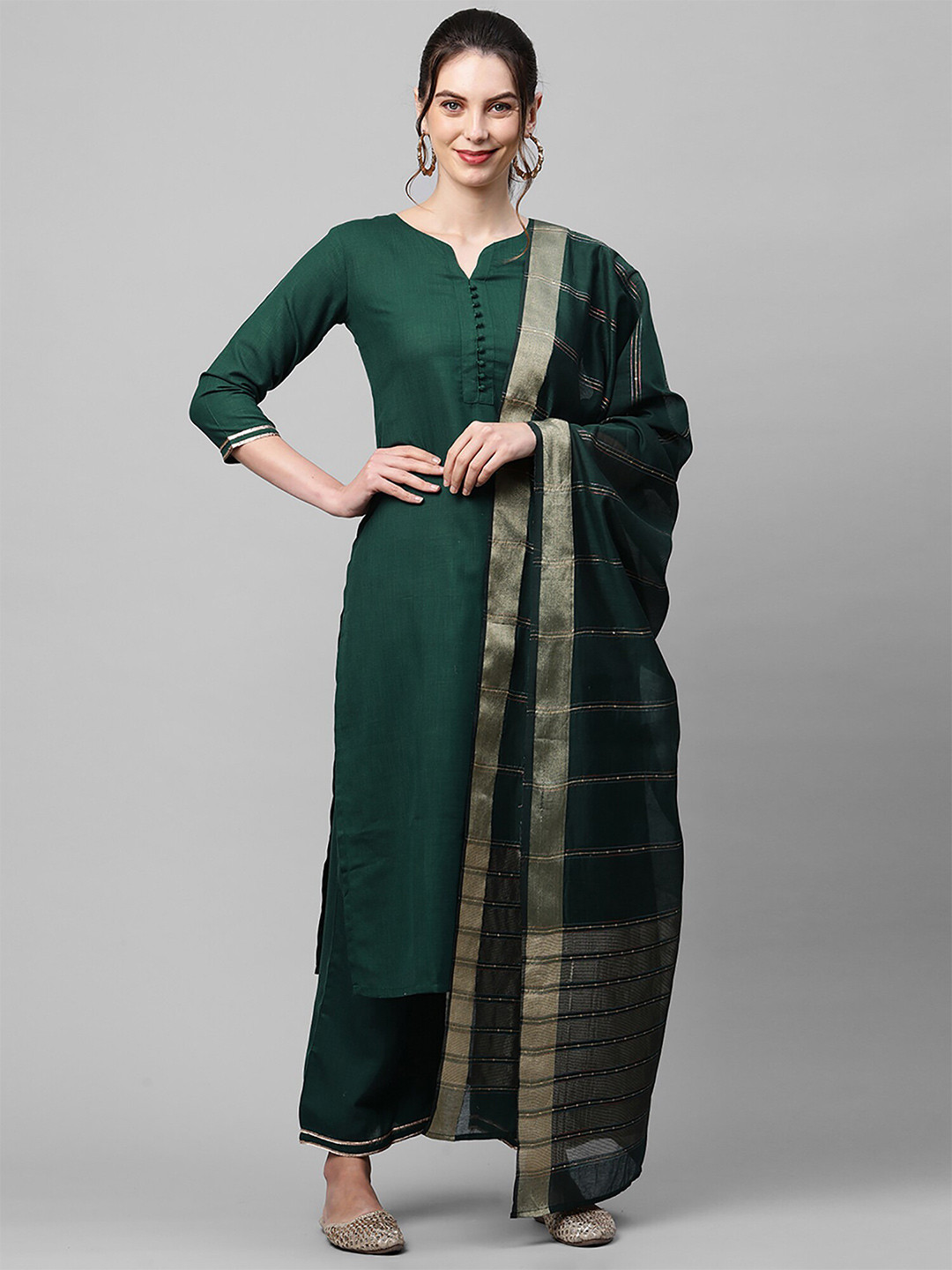 

Indo Era Green & Gold-Toned Woven Design Art Silk Dupatta with Zari