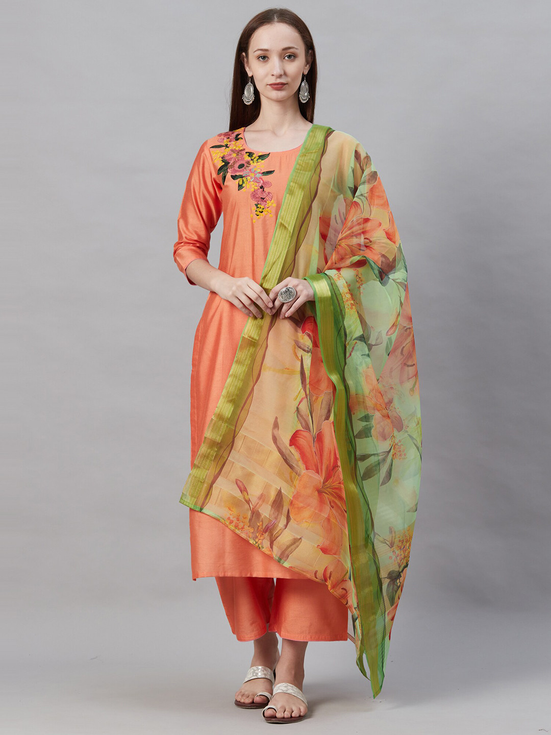 

Indo Era Orange & Green Printed Organza Dupatta