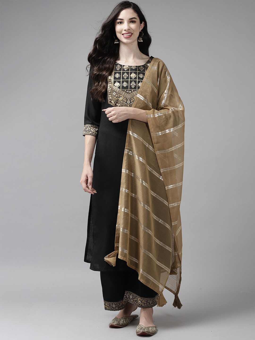 

Indo Era Beige & Silver-Toned Striped Dupatta with Zari