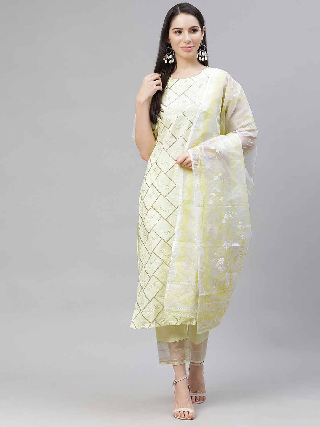 

Indo Era Yellow & White Ethnic Motifs Khari Printed Organza Dupatta