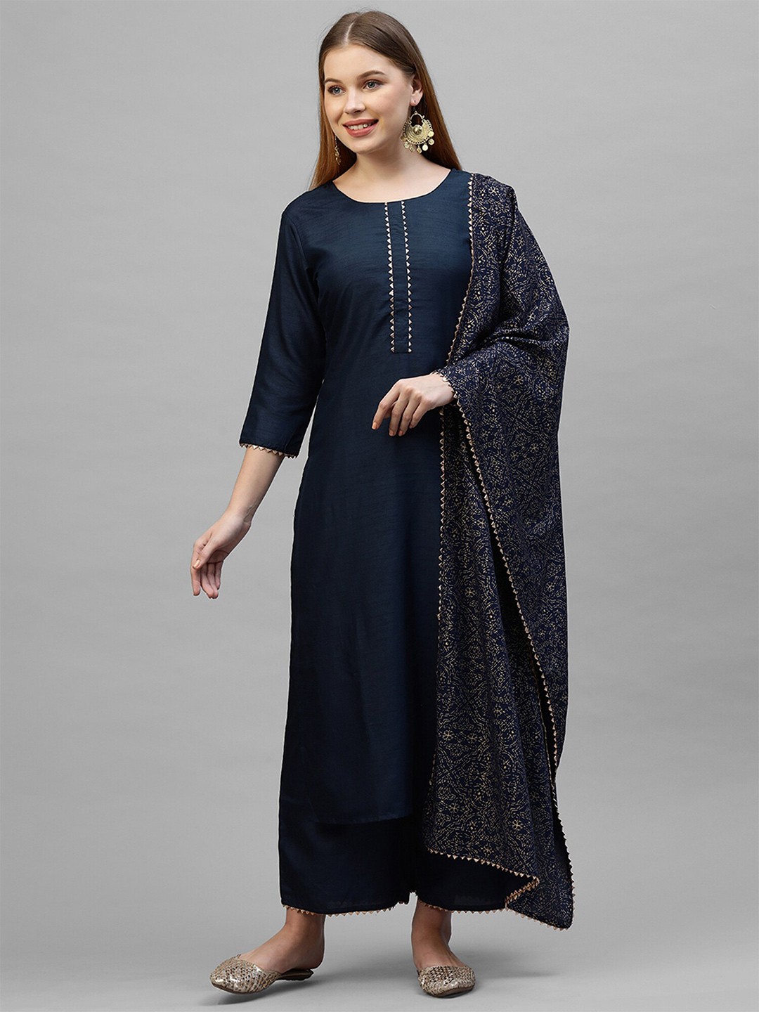 

Indo Era Women Navy Blue & White Ethnic Motifs Foil Printed Dupatta