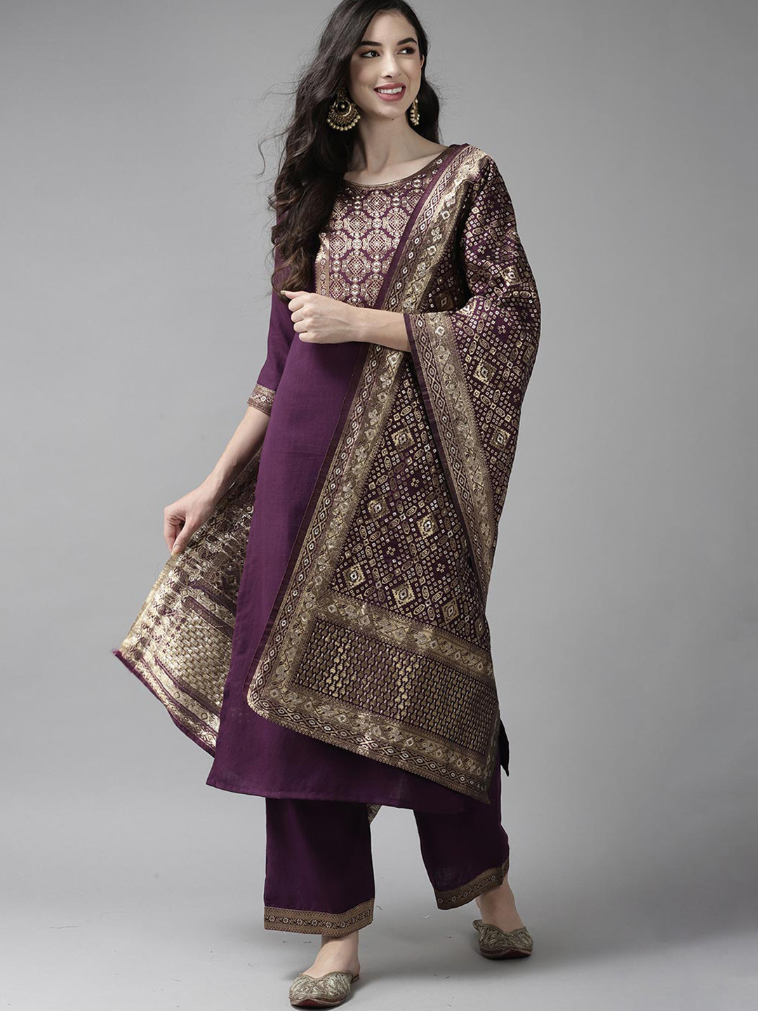 

Indo Era Purple & Golden Ethnic Motifs Woven Design Dupatta with Zari