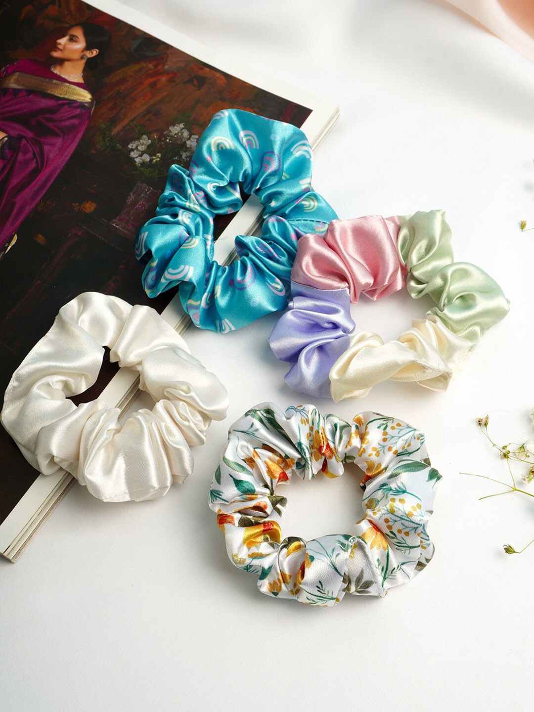 

Ferosh Women Blue & White Set of 4 Embellished Satin Scrunchies
