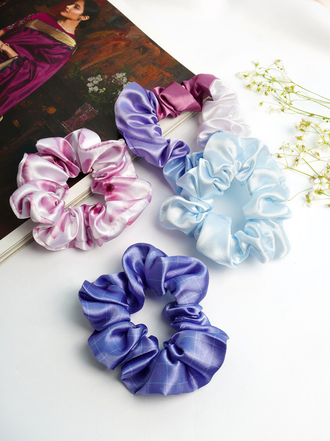 

Ferosh Women Blue & Pink Set of 4 Satin Scrunchies