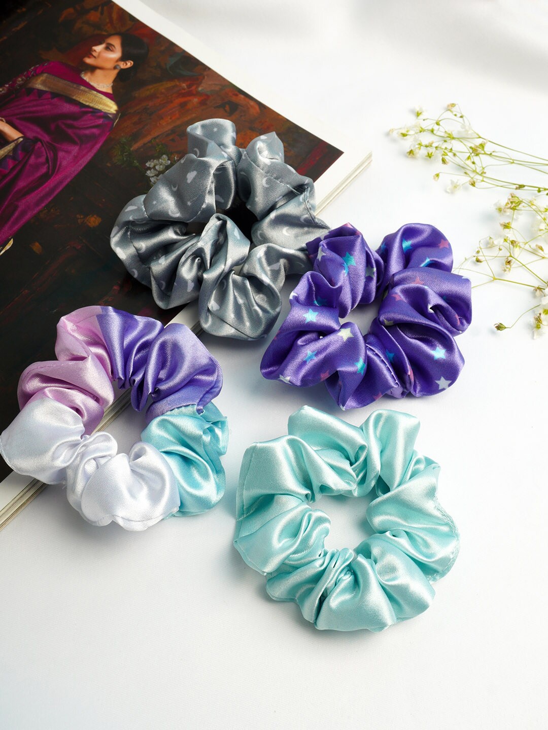 

Ferosh Women Multicoloured Set Of 4 Satin Scrunchies, Purple