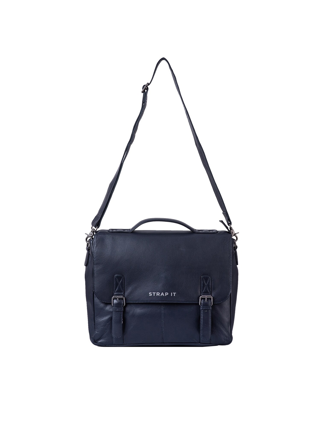 

STRAP IT Men Navy Blue Leather 15 Inch Laptop Bag
