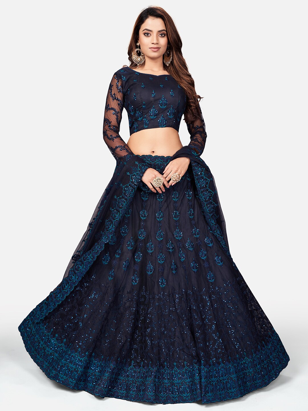 

WHITE FIRE Navy Blue Embellished Thread Work Semi-Stitched Lehenga & Unstitched Blouse With Dupatta