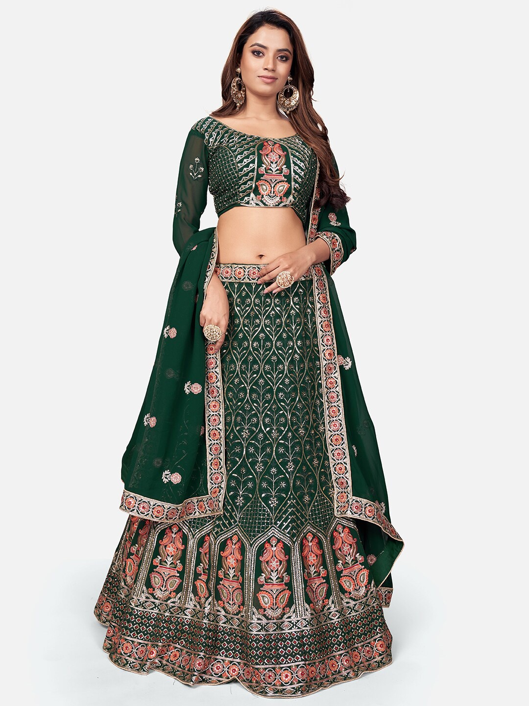 

WHITE FIRE Green & Gold-Toned Embroidered Thread Work Semi-Stitched Lehenga & Unstitched Blouse With Dupatta