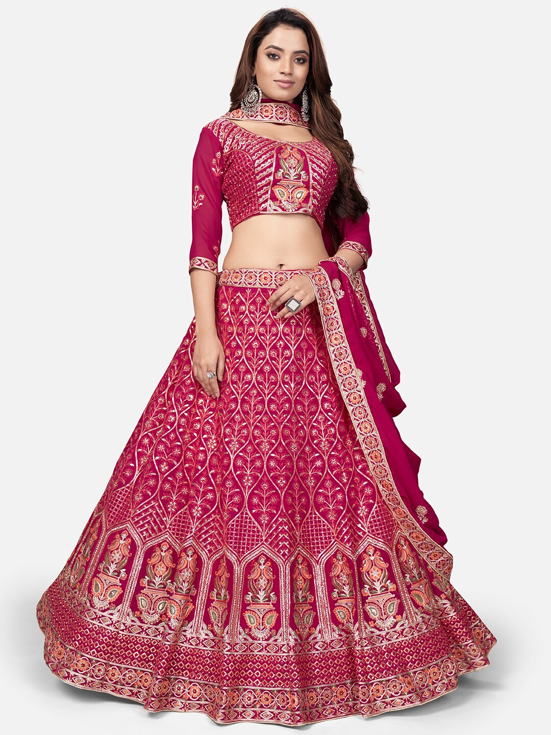 

WHITE FIRE Fuchsia & Golded Semi-Stitched Lehenga & Unstitched Blouse With Dupatta