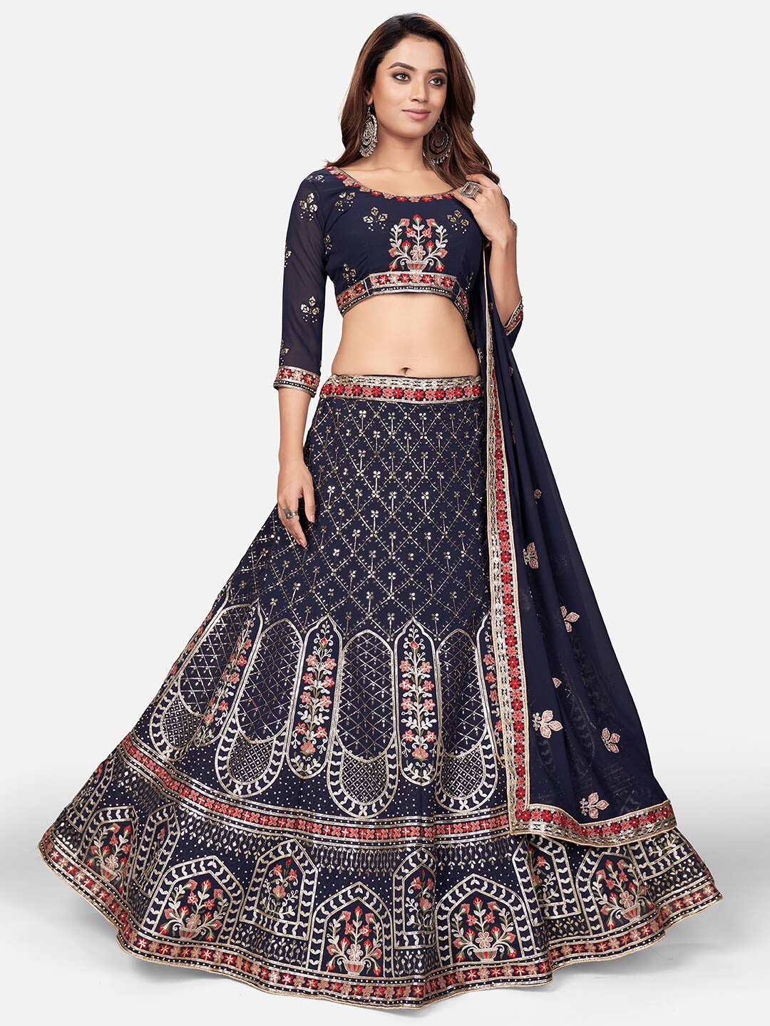 

WHITE FIRE Navy Blue & Gold-Toned Embellished Thread Work Semi-Stitched Lehenga & Unstitched Blouse With
