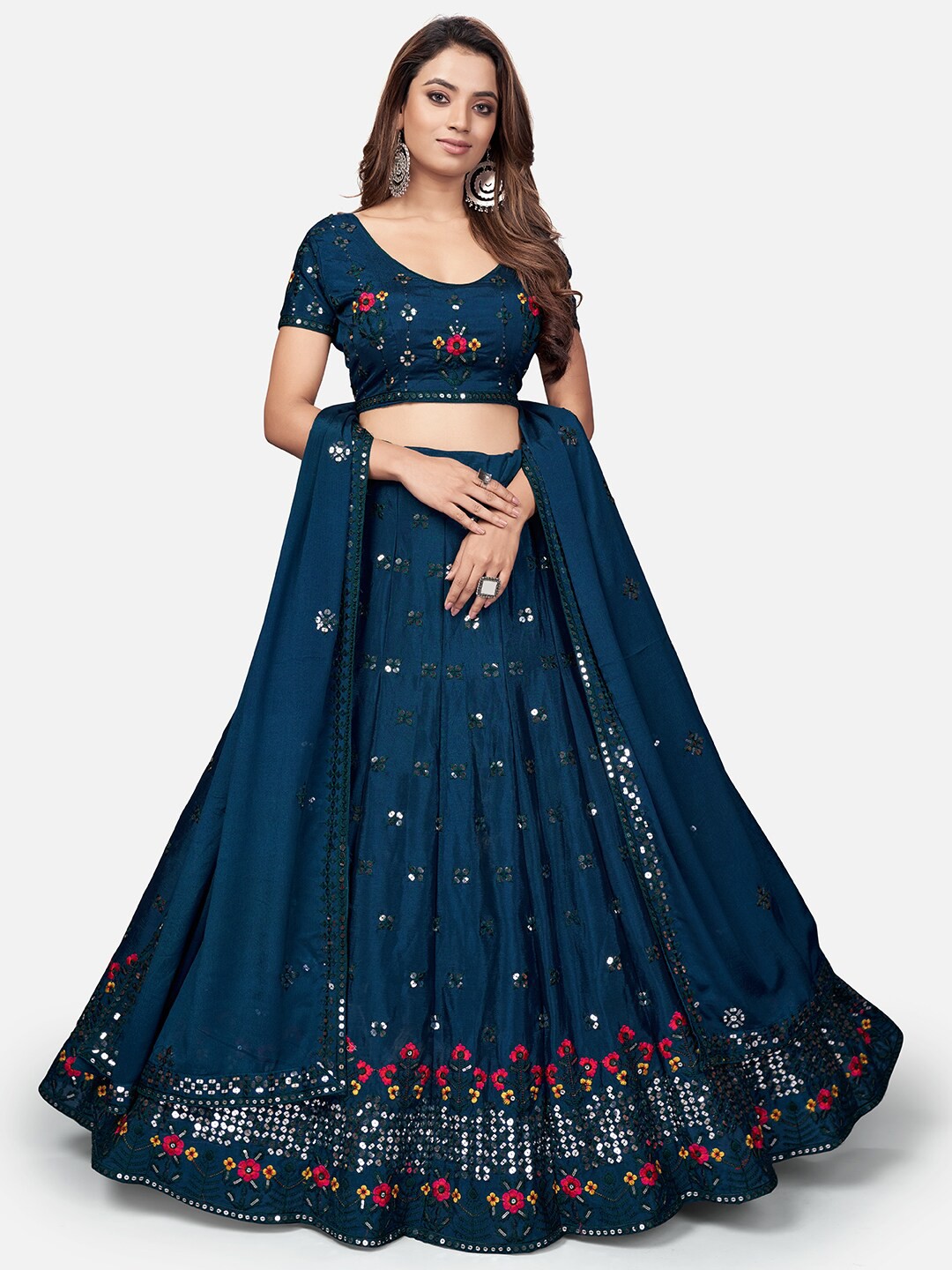 

WHITE FIRE Women Navy Blue & Embellished Semi-Stitched Lehenga Choli with Dupatta