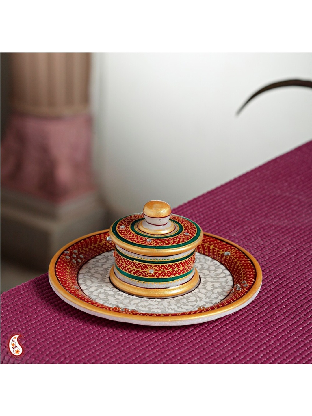 

Aapno Rajasthan Set of 2 Marble Tray And Container Serveware, White