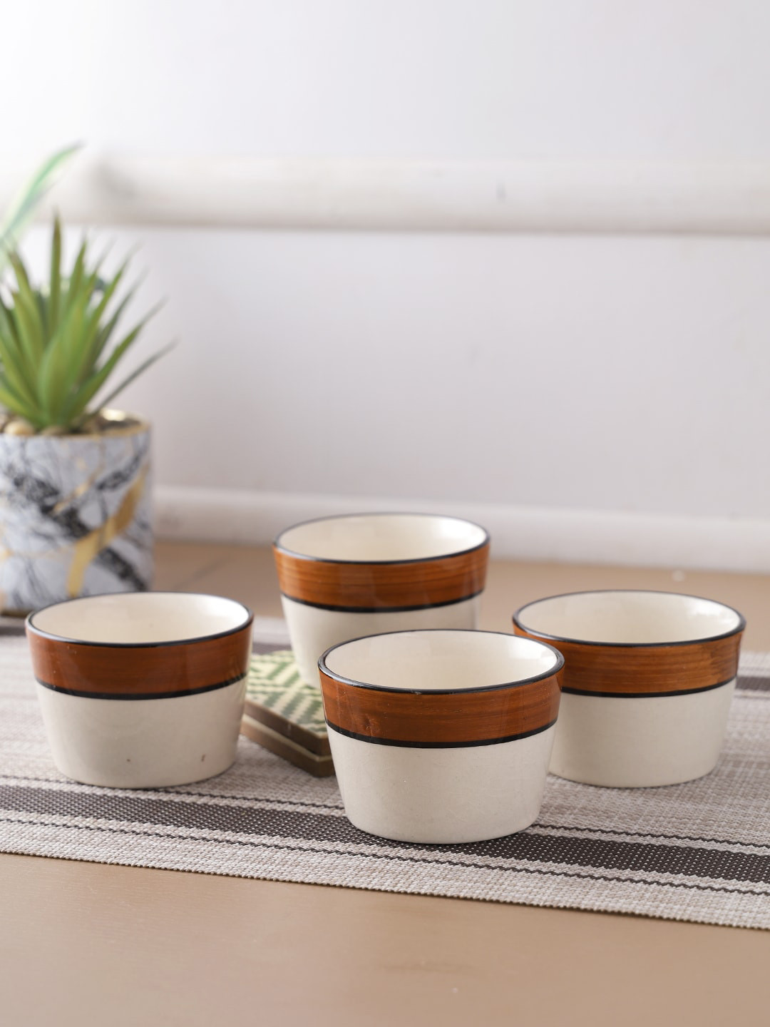 

Aapno Rajasthan Set Of 4 White & Brown Colourblocked Serving Dip Bowl