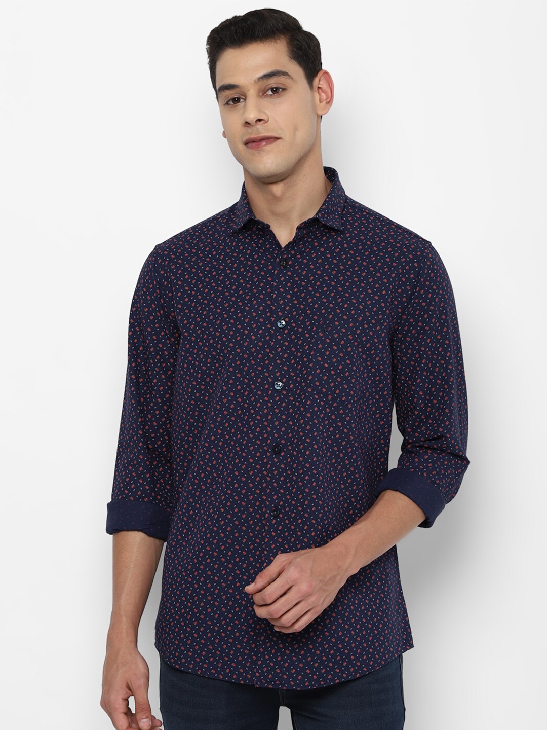 

Allen Solly Men Navy Blue Slim Fit Printed Pure Cotton Casual Shirt