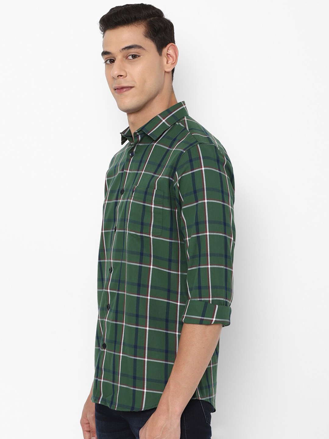 

Allen Solly Men Green & Navy Blue Slim Fit Checked Pure Cotton Casual Shirt