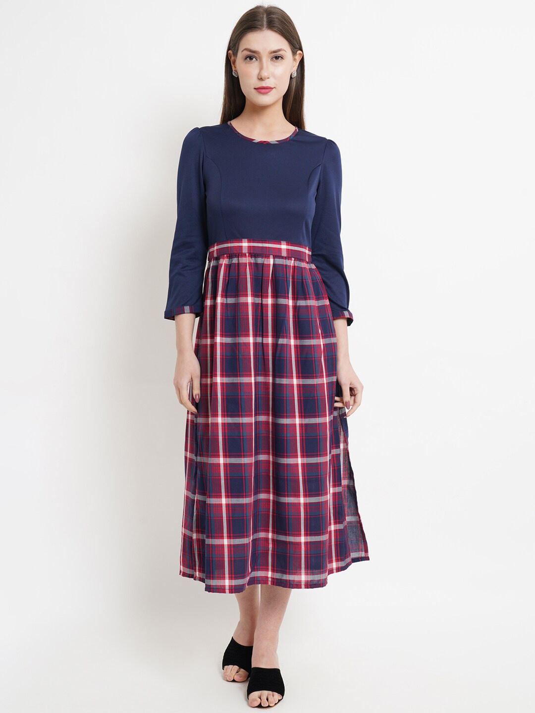 

Purple State Navy Blue & Red Checked Cotton A-Line Midi Dress