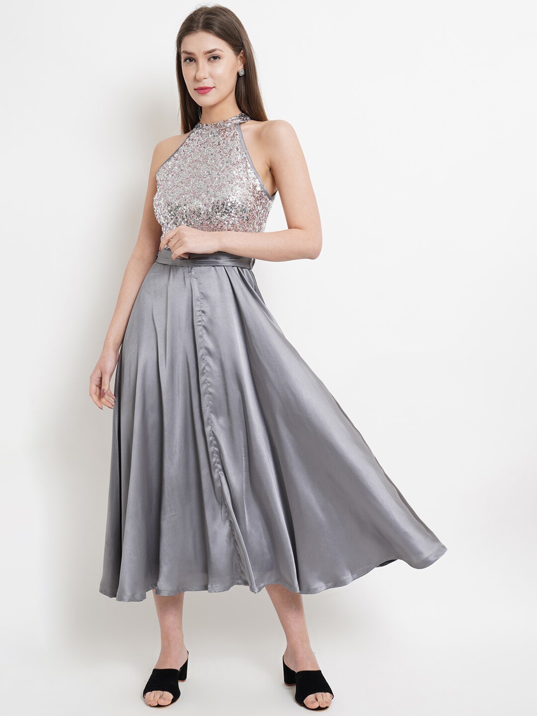 

Purple State Grey Embellished Sequin Halter Neck Satin Midi Dress